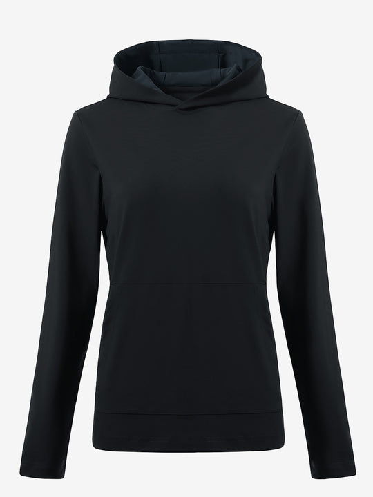 3D front view of women's lightweight hoodies pullover in black, showing clean and sporty look.