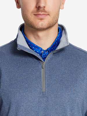Front view from nose to chest, model wearing NAVY MELANGE Moisture Wicking Quarter Zip Pullover.