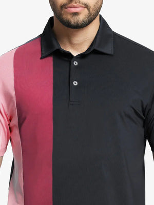 Front half-body view from nose to chest of model wearing BLACK Moisture Wicking Color Block Polo Shirt.