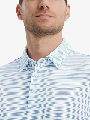 Bluish Violet Light Blue Performance Stripe Golf Shirt – model front close-up from nose to chest