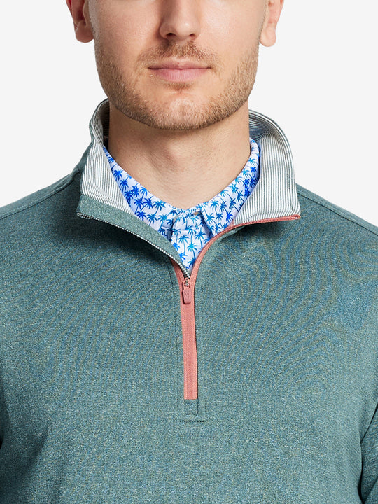 Front view from nose to chest, model wearing DARK GREEN MELANGE Moisture Wicking Quarter Zip Pullover.