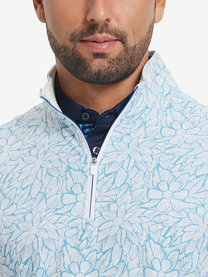 Close-up from nose to chest, showing zipper collar detail and fabric pattern of the blue artichoke pullover.