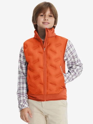 Model wearing boys full-zip fleece-lined puffer vest, hand in side pocket, relaxed fit in orange