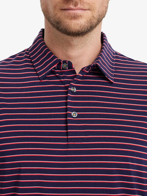 Front view from nose to chest in NAVY/RED STRIPE Popular Yarn Dyed Stripe Polo