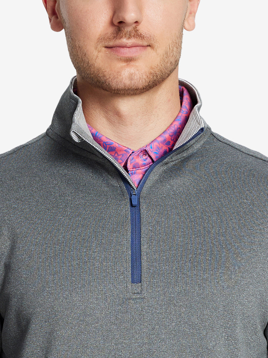Front view from nose to chest, model wearing GREY MELANG Moisture Wicking Quarter Zip Pullover.