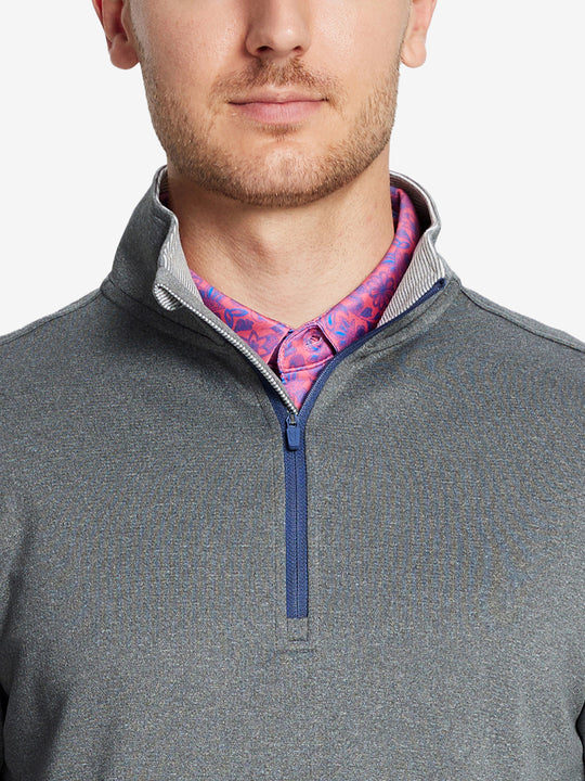 Front view from nose to chest, model wearing GREY MELANG Moisture Wicking Quarter Zip Pullover.