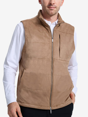 Front upper body shot of model wearing khaki classic micro suede leather puffer vest