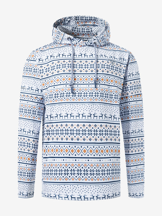 Front 3D view of youth full print hoodies pullover showing detailed fabric and fit, christmas snowflake.