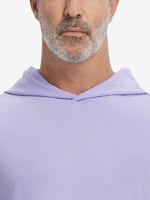 Close-up from nose to chest, showing soft collar texture and stitching detail of the lavender hoodie.
