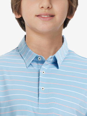 Close-up of collar on trendy boys stripe polo shirts, neat stitching with misty blue stripe accent