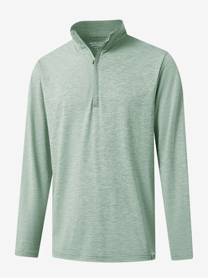 Heather Pinstripe Brushed Dry Fit Quarter Zip Pullover in beryl green melange, 3D front chest view with quarter zip design