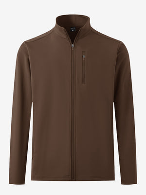 Lightweight casual fleece jacket with 5 pockets in coffee brown, front 3d view showing clean lines