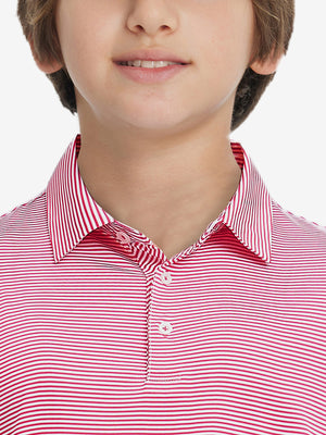 Front view of youth wearing rose stripe performance cooling polo, showing collar and chest fit