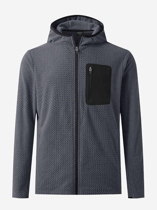 3D front view of full zip fleece hoodied jacket in grey, showing soft texture and sleek cut.