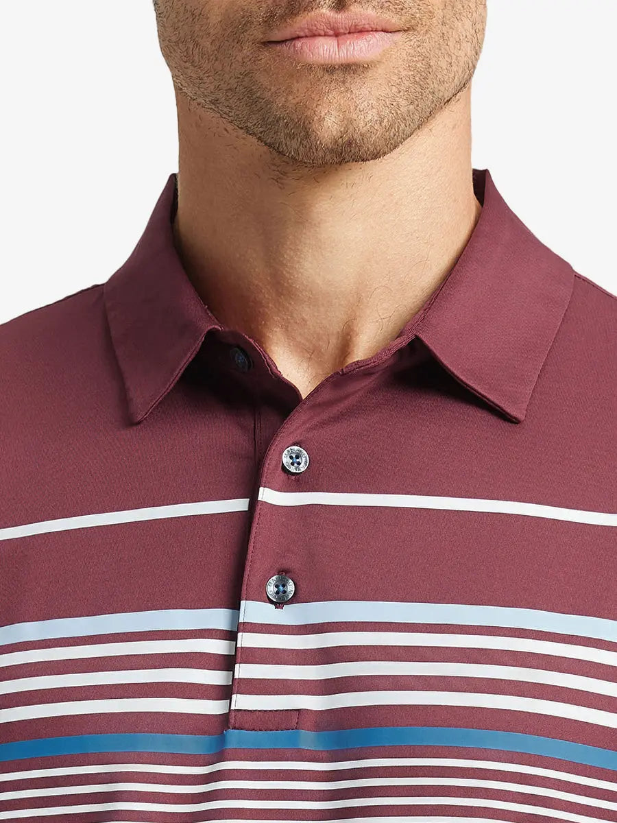 Front chest view of model wearing Chest Print Polo Shirts in BURGUNDY