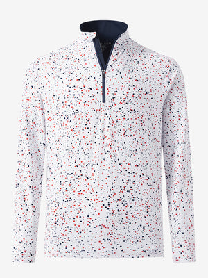 Front 3D view of Full print lightweight quarter zip pullover in white polka dots with vivid pattern