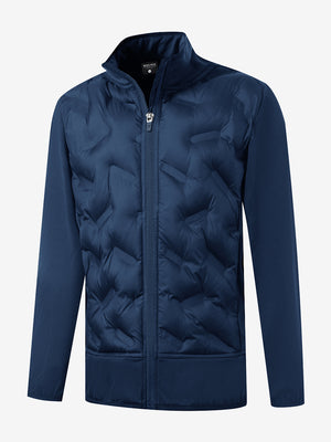 Clean 3D front view of boys windproof puffer jacket with pockets, showcasing shape in dark blue.