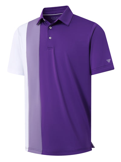 Men's Solid Color Block Patchwork Polo Shirts-Purple