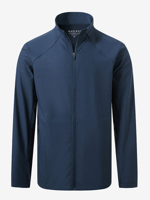 Lightweight water-resistant outerwear jacket in blue indigo, front 3D view with clean structure