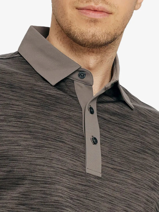 Front view from nose to chest in DARK BROWN HEATHER Cool Heather Texture Polo