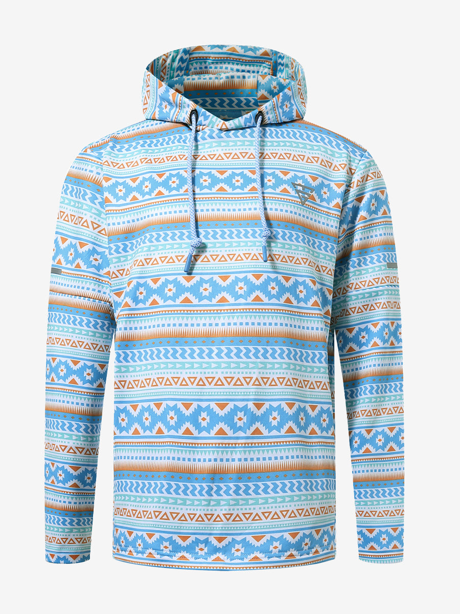 Front 3D view of youth full print hoodies pullover showing detailed fabric and fit, blue ethnic.