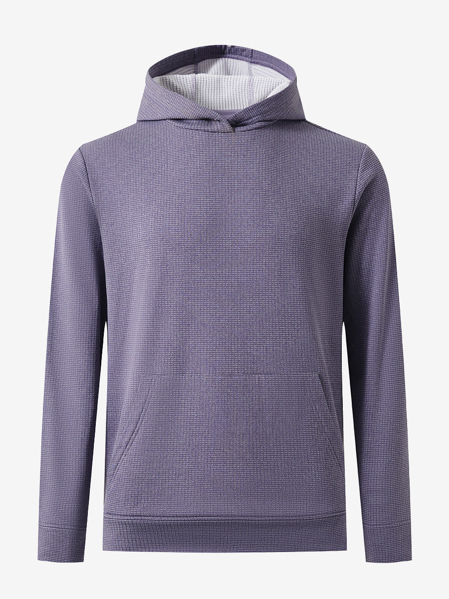 Front 3D view of warm fleece golf hoodies pullover in purple, showing full garment design.