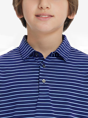Front collar upper body of youth performance golf polos, clean neckline and navy/sky blue stripe detail