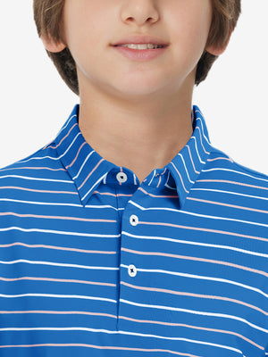 Close-up of collar on trendy boys stripe polo shirts, neat stitching with blue stripe accent