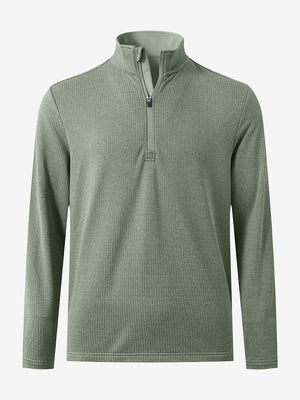 Front 3D view of casual fleece lined quarter zip pullover in green, showing clean athletic fit.