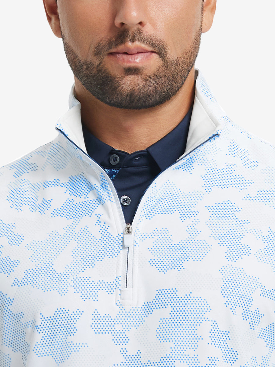 Close-up from nose to chest, showing zipper collar detail and fabric pattern of the sky blue camo pullover.