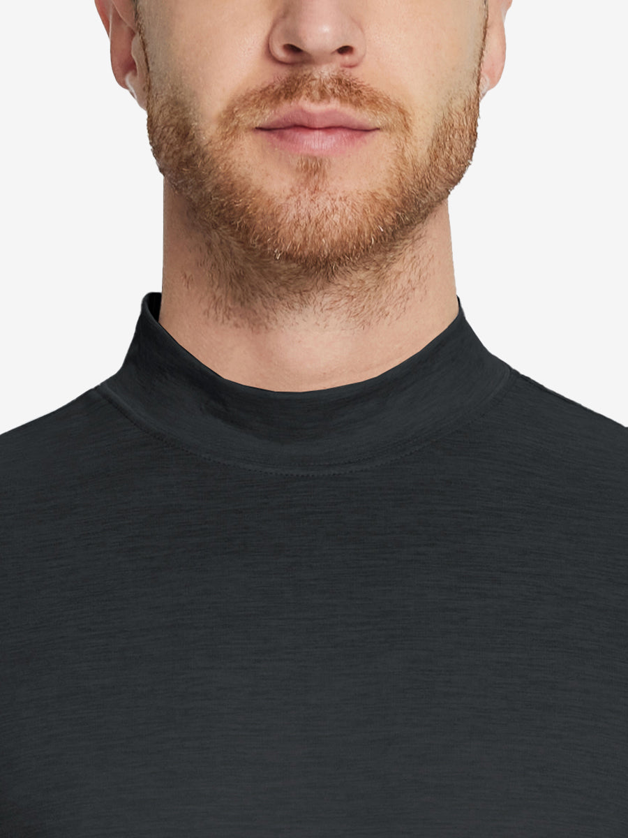Close-up collar view from nose to chest, showing fine fabric texture of the Black turtleneck.