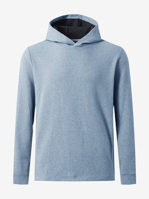 3D front image of texture solid hoodies pullover highlighting simple design and smooth fabric, blue heather.