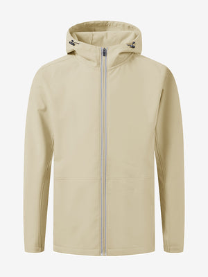 Reflective hooded softshell jacket in light khaki, clean 3D front view highlighting modern design.