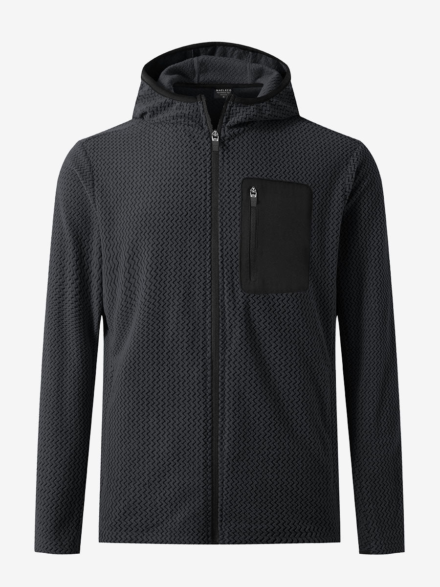 3D front view of full zip fleece hoodied jacket in black, showing soft texture and sleek cut.
