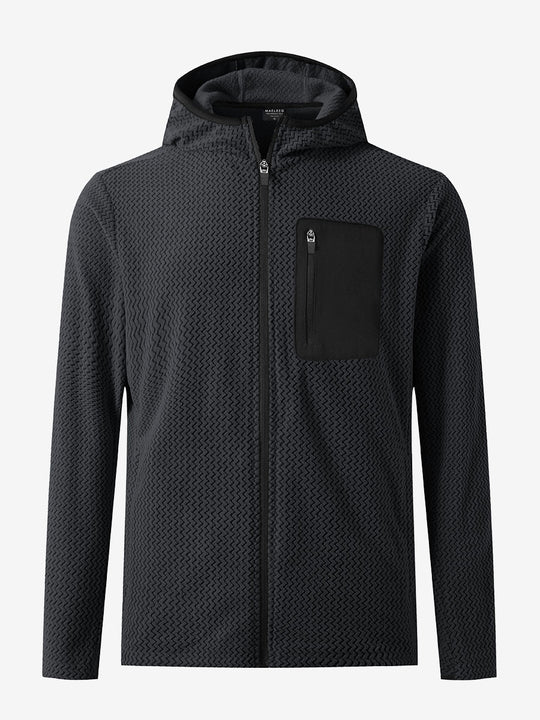 3D front view of full zip fleece hoodied jacket in black, showing soft texture and sleek cut.