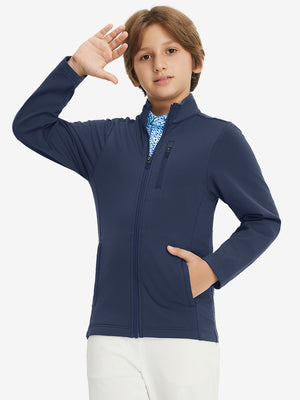Model wearing kids soft lightweight fleece lined jacket in navy, showcasing front half-body view.