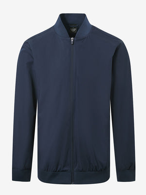 Casual windproof bomber jacket in navy, front 3D view with clean and structured design