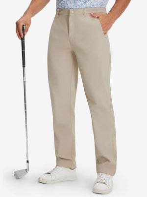 Front lower body shot of model wearing thermal water repellent fleece dress pants in light khaki