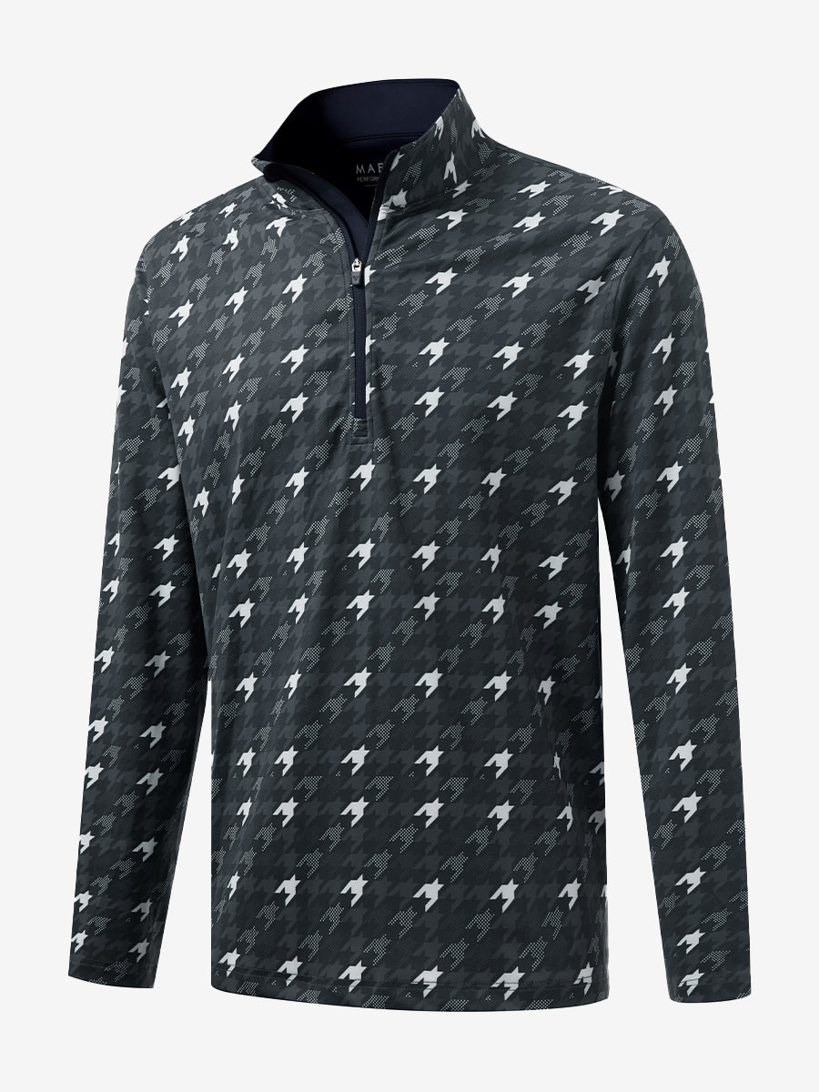 3D front view of the full print quarter zip pullover in grey houndstooth, showcasing bold and modern style.