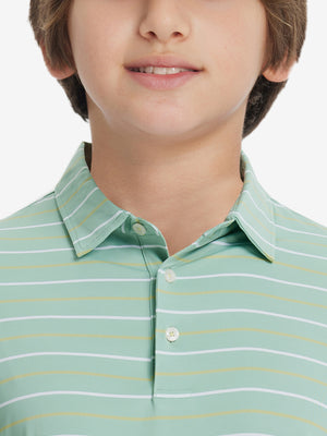 Close-up of collar on trendy boys stripe polo shirts, neat stitching with light green stripe accent