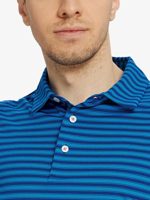 Upper chest close-up wearing Dark Blue Yarn Dyed Stripe Polo – from nose to chest