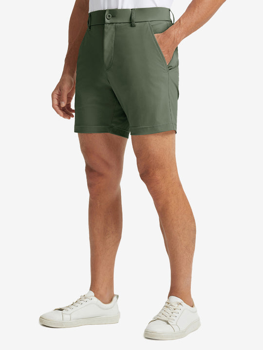 Front lower body view of Quick Dry Casual Shorts with 4 Pockets in Olive Green, neat athletic cut.