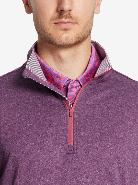 Front view from nose to chest, model wearing DARK PURPLE MELANGE Moisture Wicking Quarter Zip Pullover.