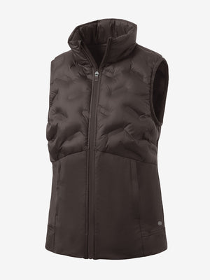 Women's lightweight slim-fit puffer vest in coffee brown, front 3D view with clean quilt lines