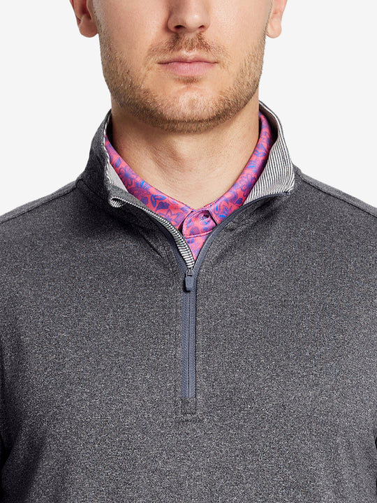 Front view from nose to chest, model wearing BLACK MELANGE Moisture Wicking Quarter Zip Pullover.