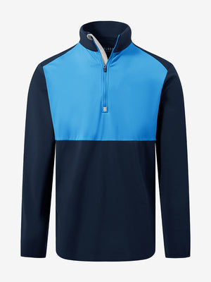 Front 3D view of Fleece lined golf quarter zip in navy/blue with structured design