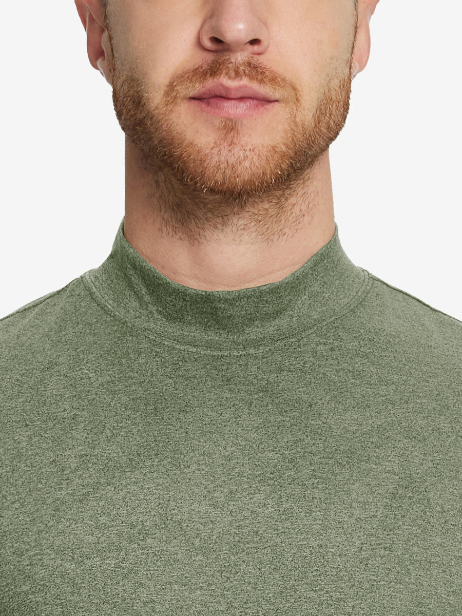 Close-up collar view from nose to chest, showing fine fabric texture of the Olive Green Heather turtleneck.