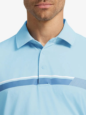 Front half-body view from nose to chest of model wearing LIGHT BLUE Stylish Chest Print Snap Polo