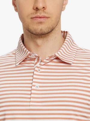 Upper chest close-up showing Orange Dark Blue Yarn Dyed Stripe Polo – from nose to chest