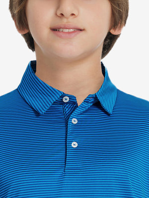 Collar close-up of Kids stripe golf polos with neat trim and cobalt stripe detail